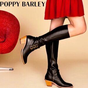 Poppy Barley The Two Point Five Tall Leather Boot Wooden Heel Boots Black Sz 8